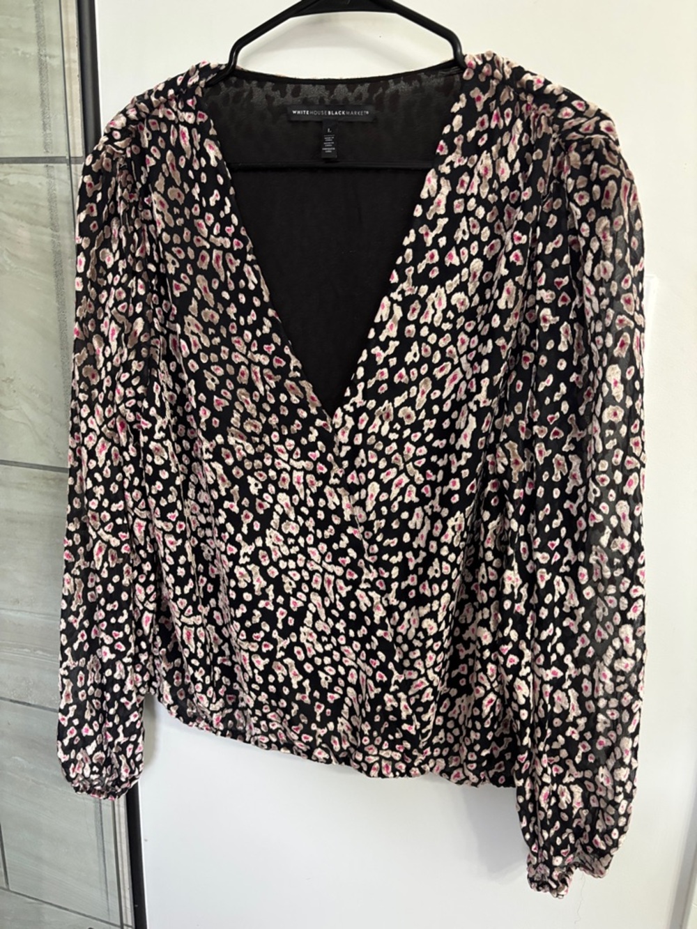 White House Black Market Black Pink Animal-Print Wrap Blouse